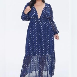 Forever 21 Blue Maxi Dress 3X Gold Print Detail
